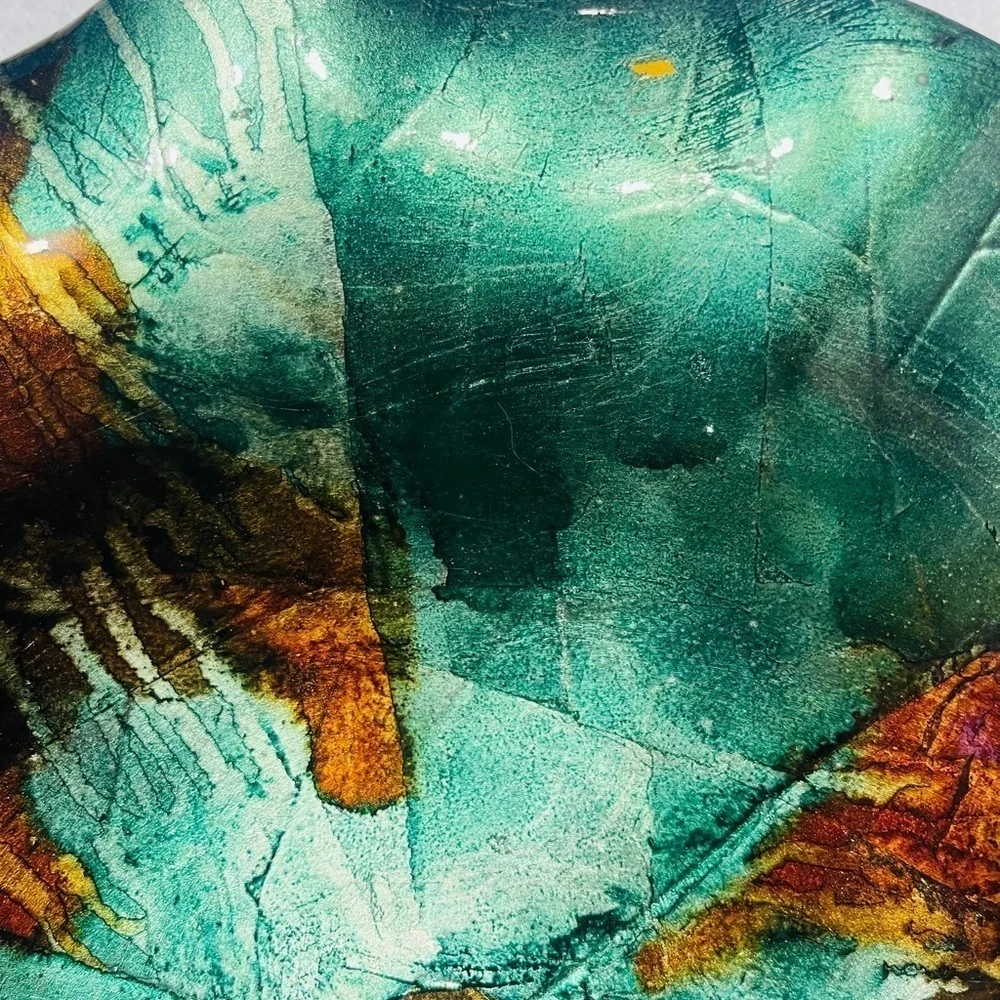 Rare decorative ceramic bowl turquoise/brown wavy edges and shiny finish